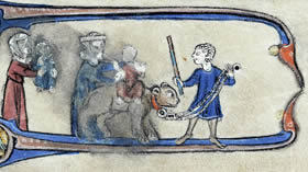 Two women holding out babies for rides on the back of a bear, from the right border of a page of the Lampeter Bible (1279), one of the manuscripts in the RBLA.