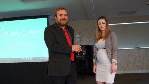 Jamie receiving his awards from Bea Fallon, Lampeter SU President.