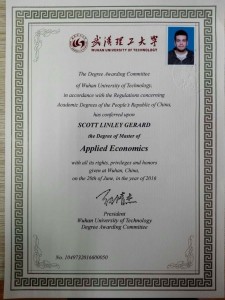 Scott has now graduated from Wuhan University with a Masters in Applied Economics. Congratulations, Scott!